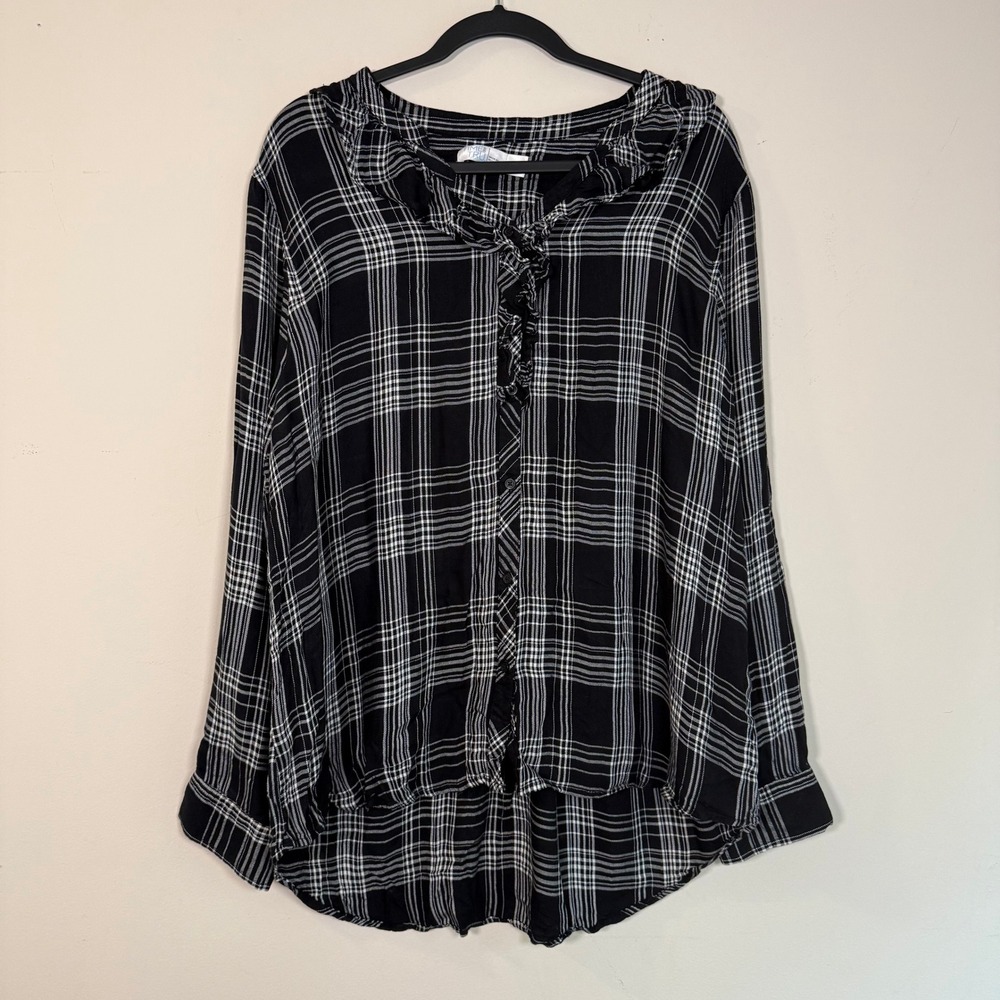 Time and Tru Womens 2XL Black White Plaid Ruffle Button Blouse Western Boho